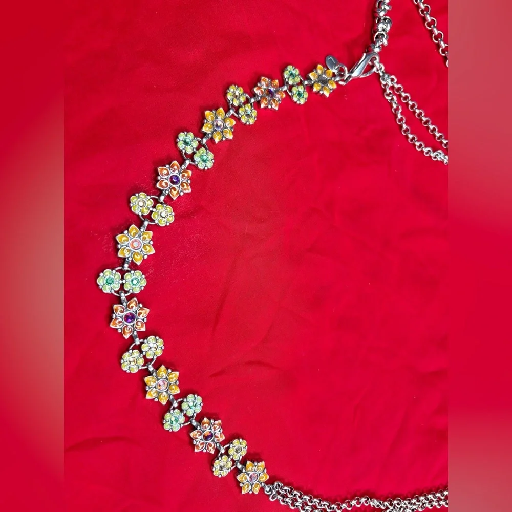 Vintage silver tone floral metal and enamel chain statement belt